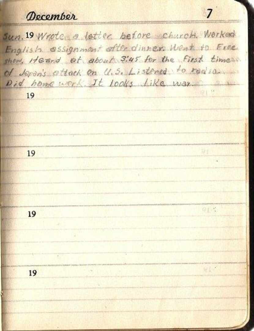 A page from Dorcy Watler's diary on Dec. 7, 1941. He was a freshman at Texas A&M and two...