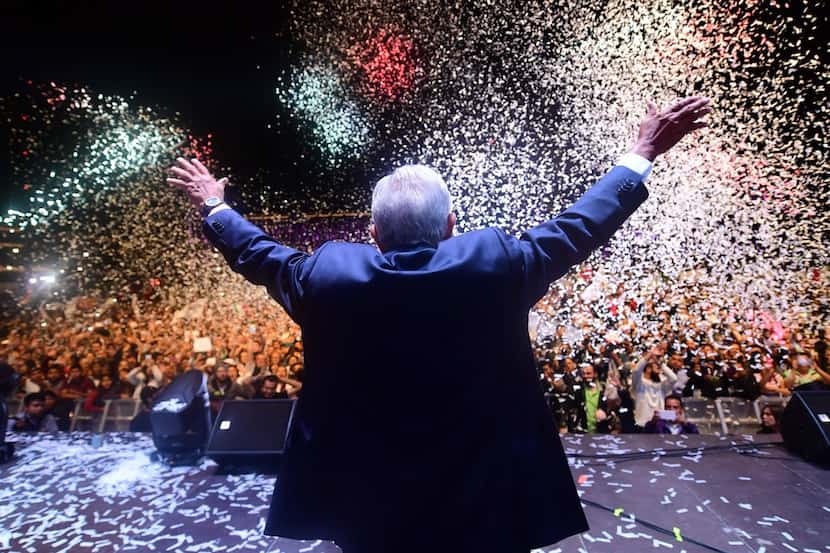 Newly elected Mexican President Andres Manuel Lopez Obrador cheers his supporters at the...