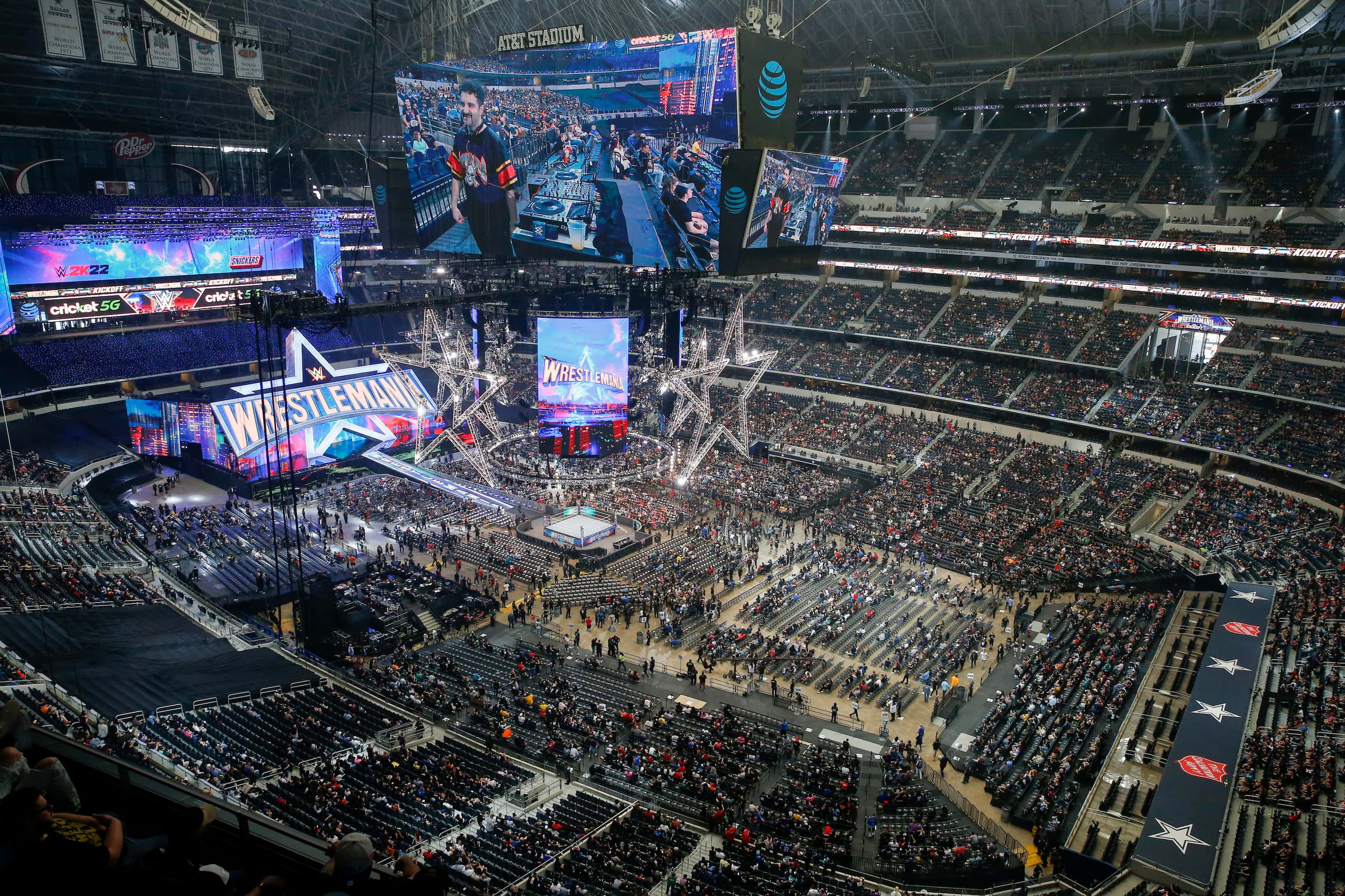 Fans begin to take their seats before WrestleMania 38 at AT&T Stadium in Arlington, Texas,...
