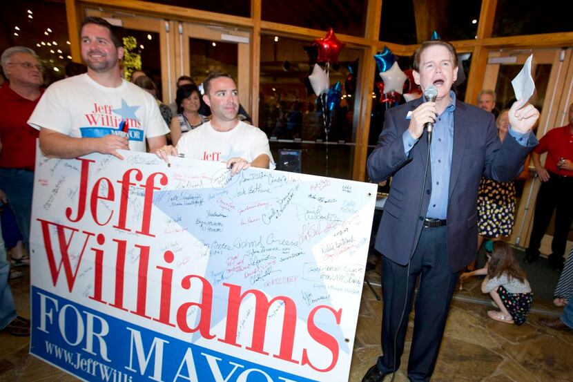 
Arlington’s next mayor, Jeff Williams, spoke to supporters at his watch party at River...