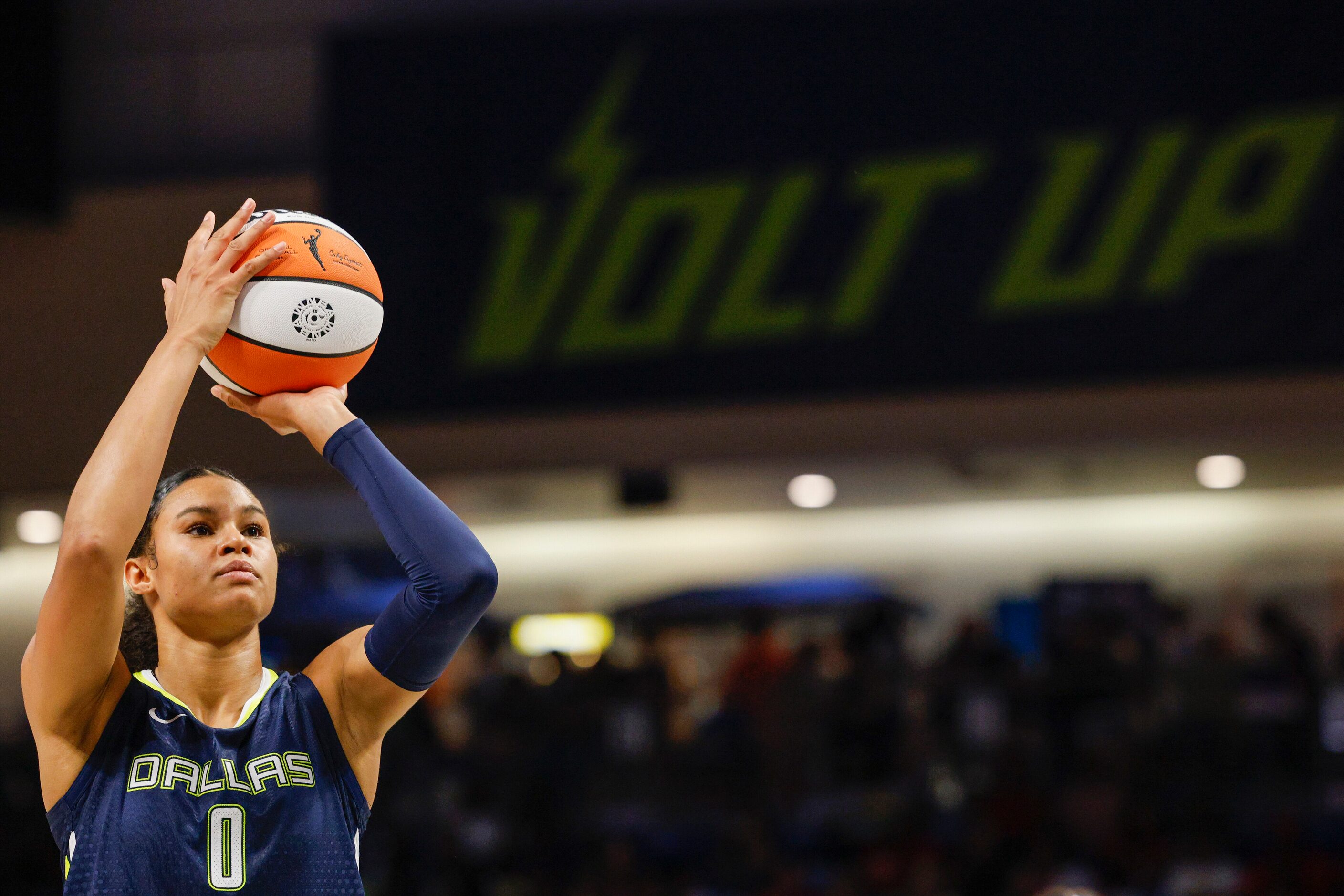 Dallas Wings forward Satou Sabally (0) shoots a free throw during the first half against the...