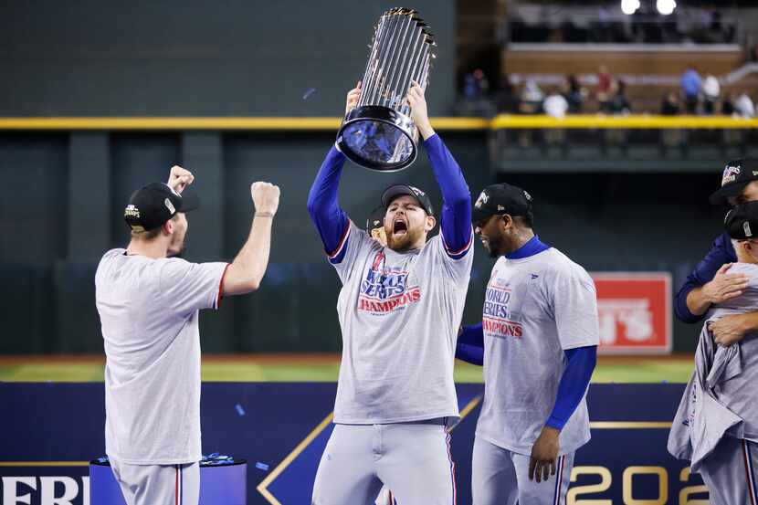 Texas Rangers pitcher Jordan Montgomery celebrates winning the World Series after defeating...