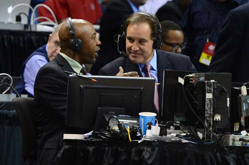 Mar 21, 2014; St. Louis, MO, USA;  TV announcers Greg Anthony (left) and Jim Nantz (right)...