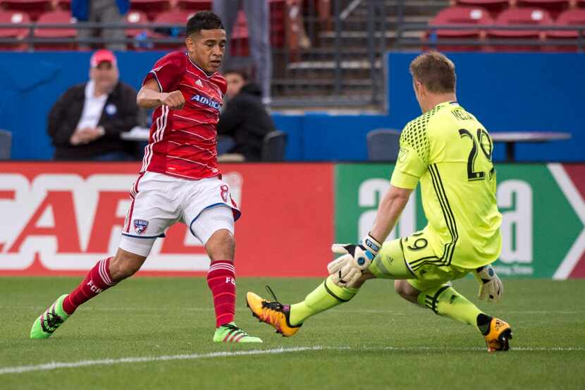 Apr 17, 2016; Dallas, TX, USA; Sporting Kansas City goalkeeper Tim Melia (29) blocks a shot...