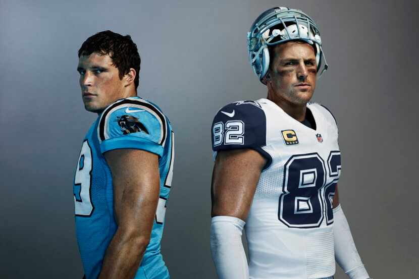 Cowboys TE Jason Witten and Panthers LB Luke Kuechly model the Nike Color Rush uniforms that...