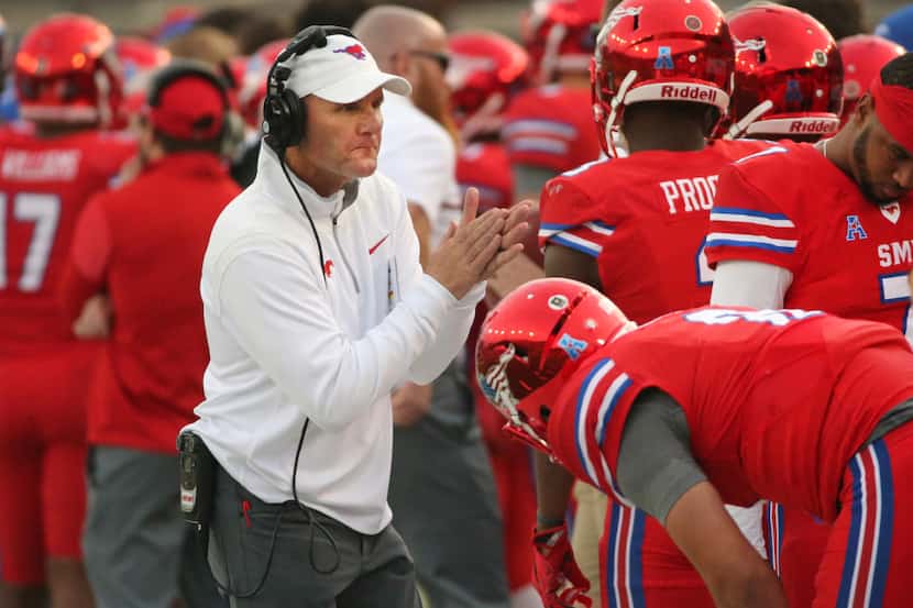 SMU head coach Chad Morris tries to rally his troops as the bottom falls out for the Ponies...