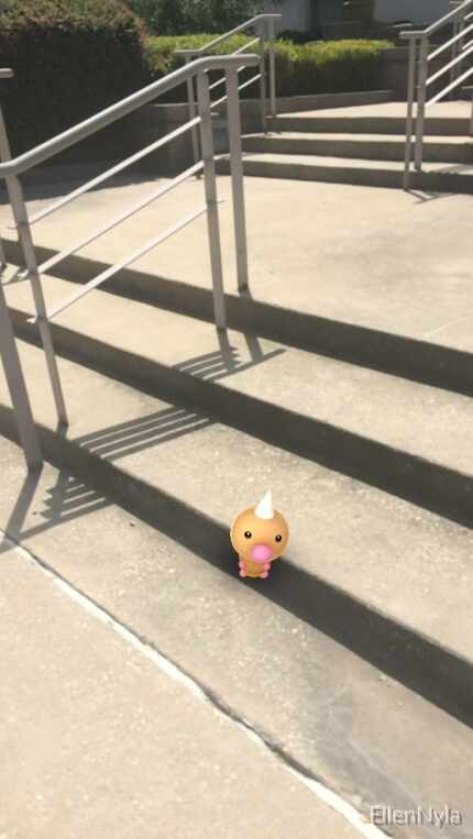 A wild Weedle appears on the steps outsides of The Dallas Morning News through the...