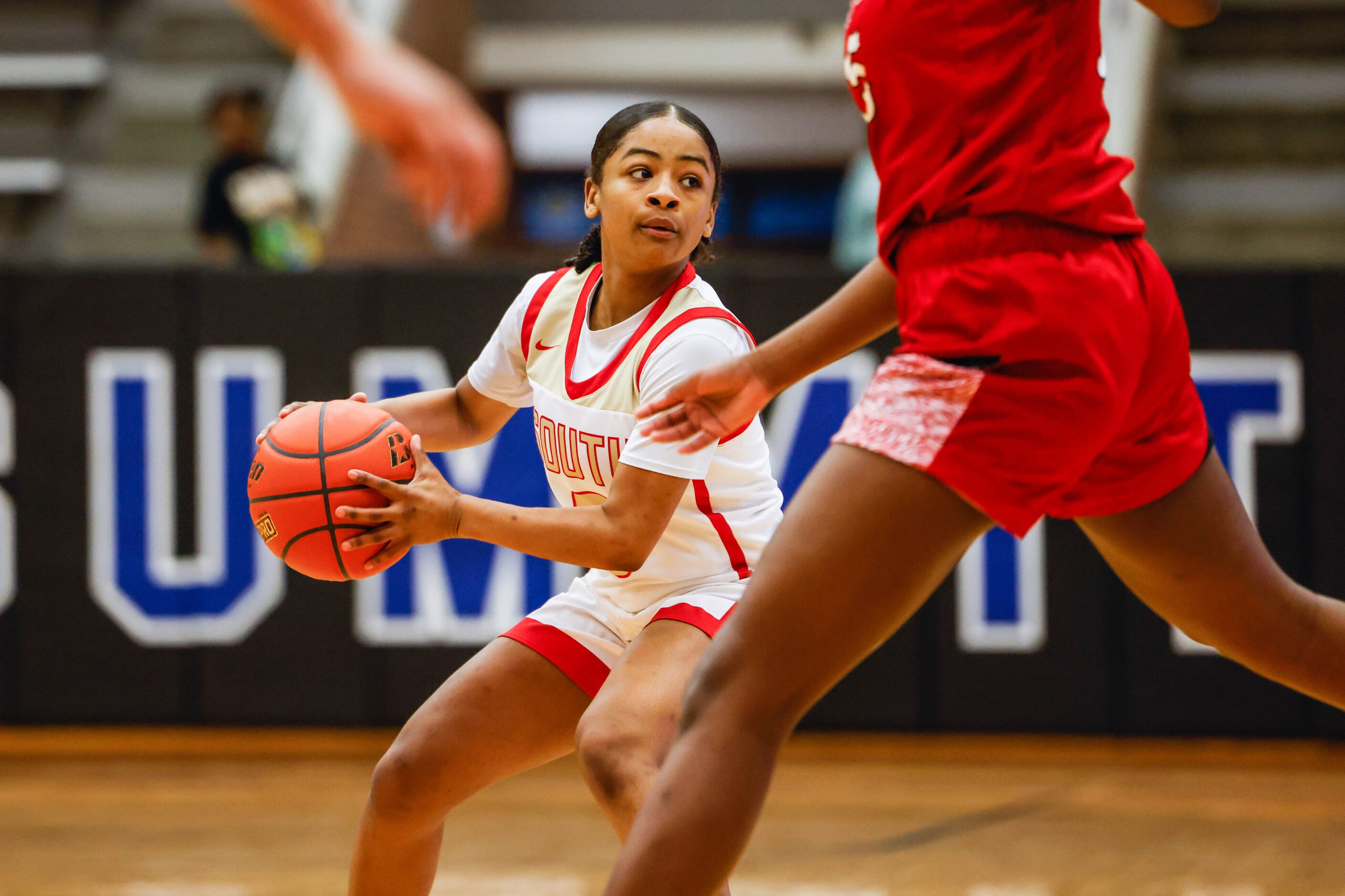 South Grand Prairie's Autumn Sherman (0) plays againts Denton Braswell during the...