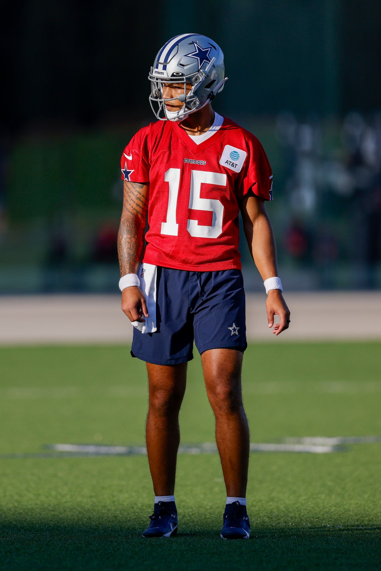 Dallas Cowboys quarterback Trey Lance (15) watches a practice at The Star, Wednesday, Aug....