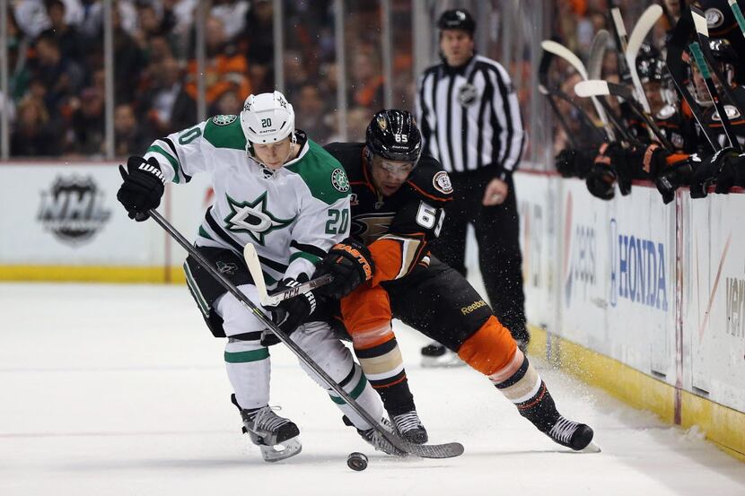ANAHEIM, CA - APRIL 25:  Cody Eakin #20 of the Dallas Stars and Emerson Etem #65 of the...