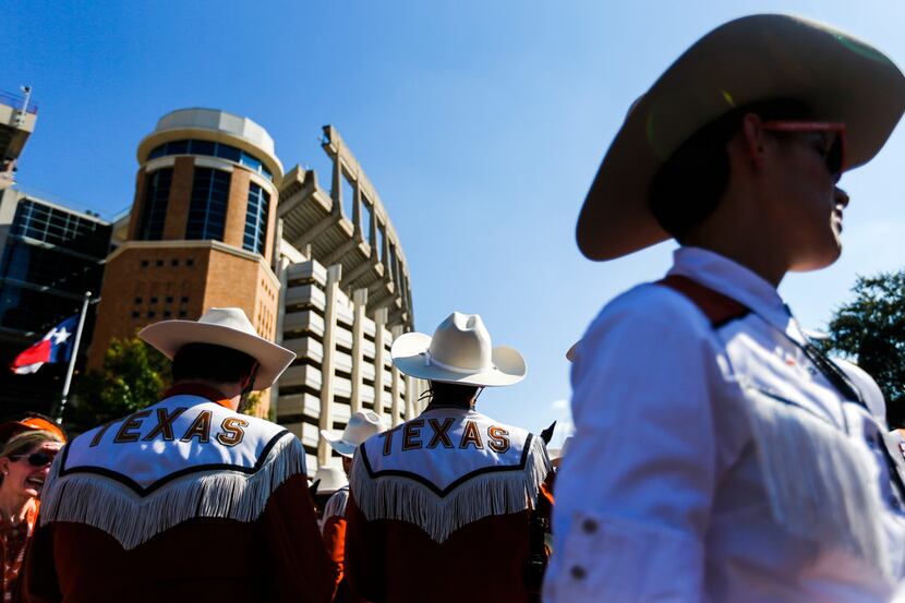 The Longhorn Band prepares to march in with the team prior to a college football game...