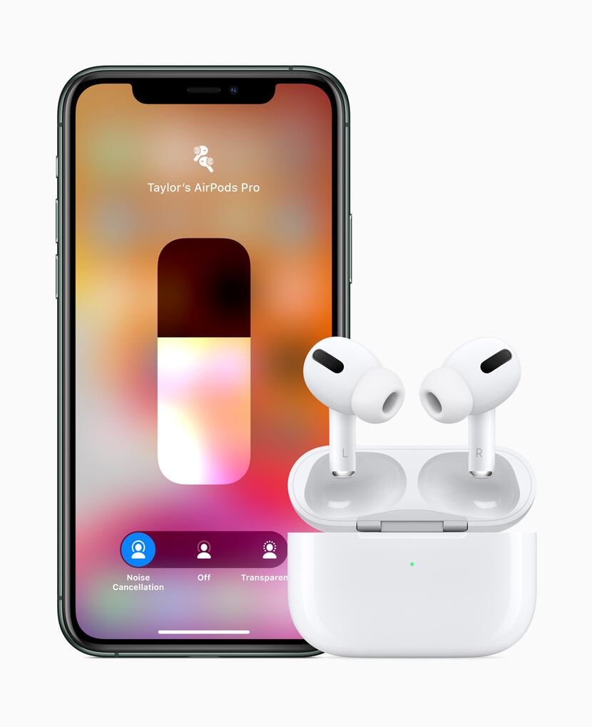 Apple's AirPods Pro with the iPhone control screen to change listening modes.