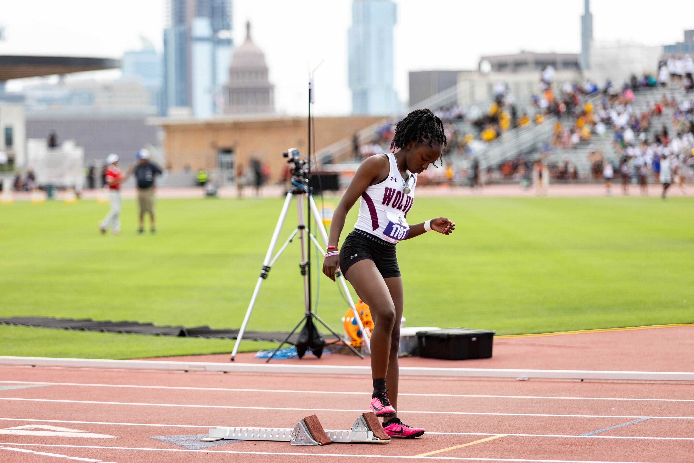 Princess Miller prepares to lead off the girls’ 4x100 relay for the Mansfield Timberview...