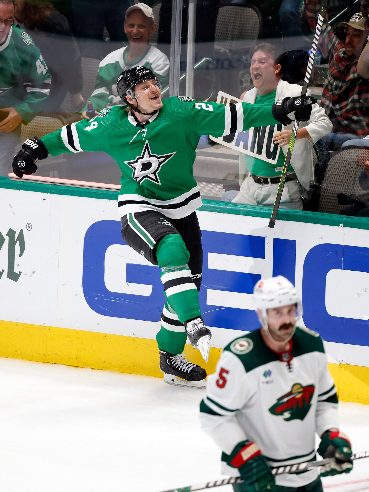 Dallas Stars center Roope Hintz (24) cl;elbrates his third goal of the game during the third...