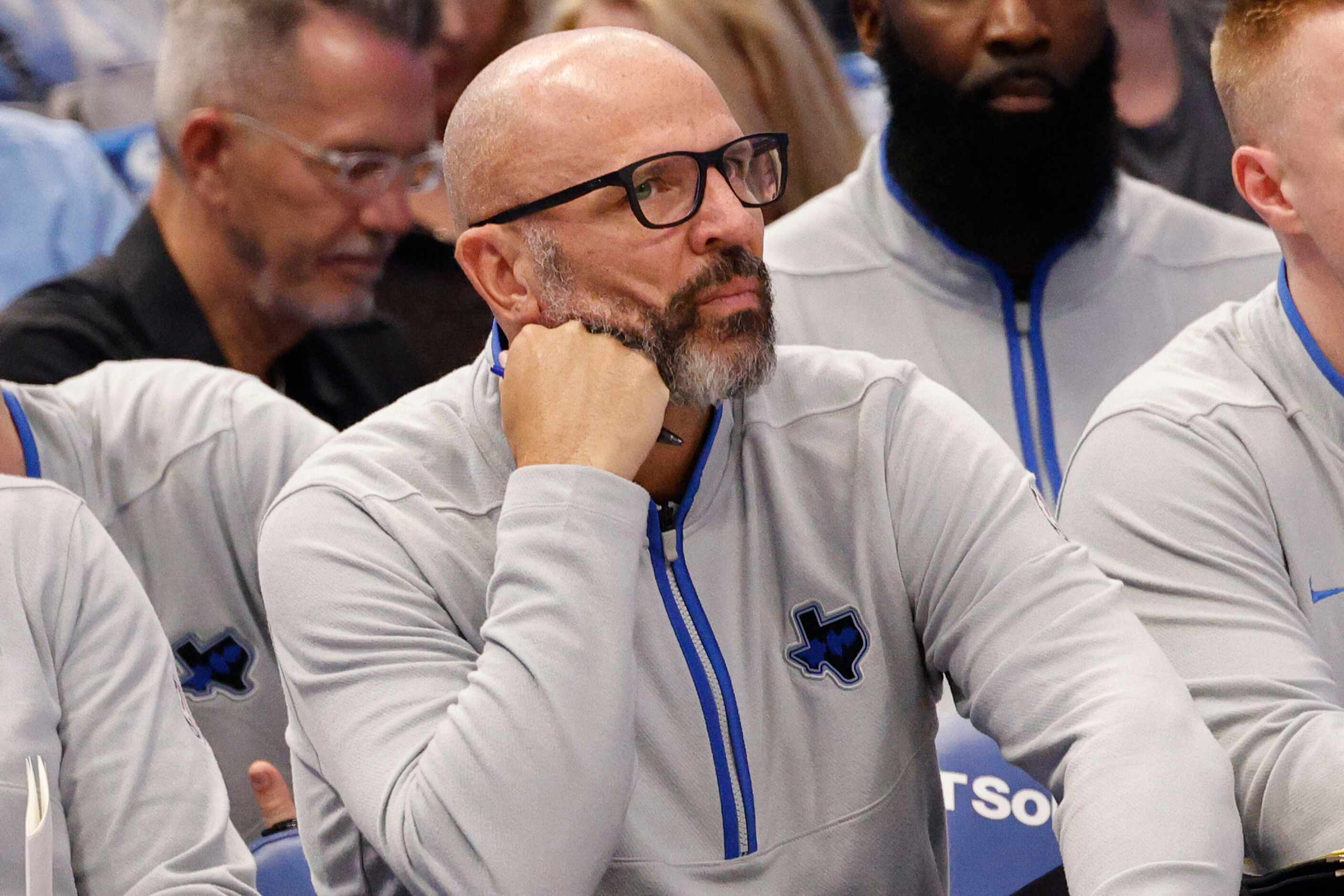 Dallas Mavericks head coach Jason Kidd watches his players during the first half of an NBA...
