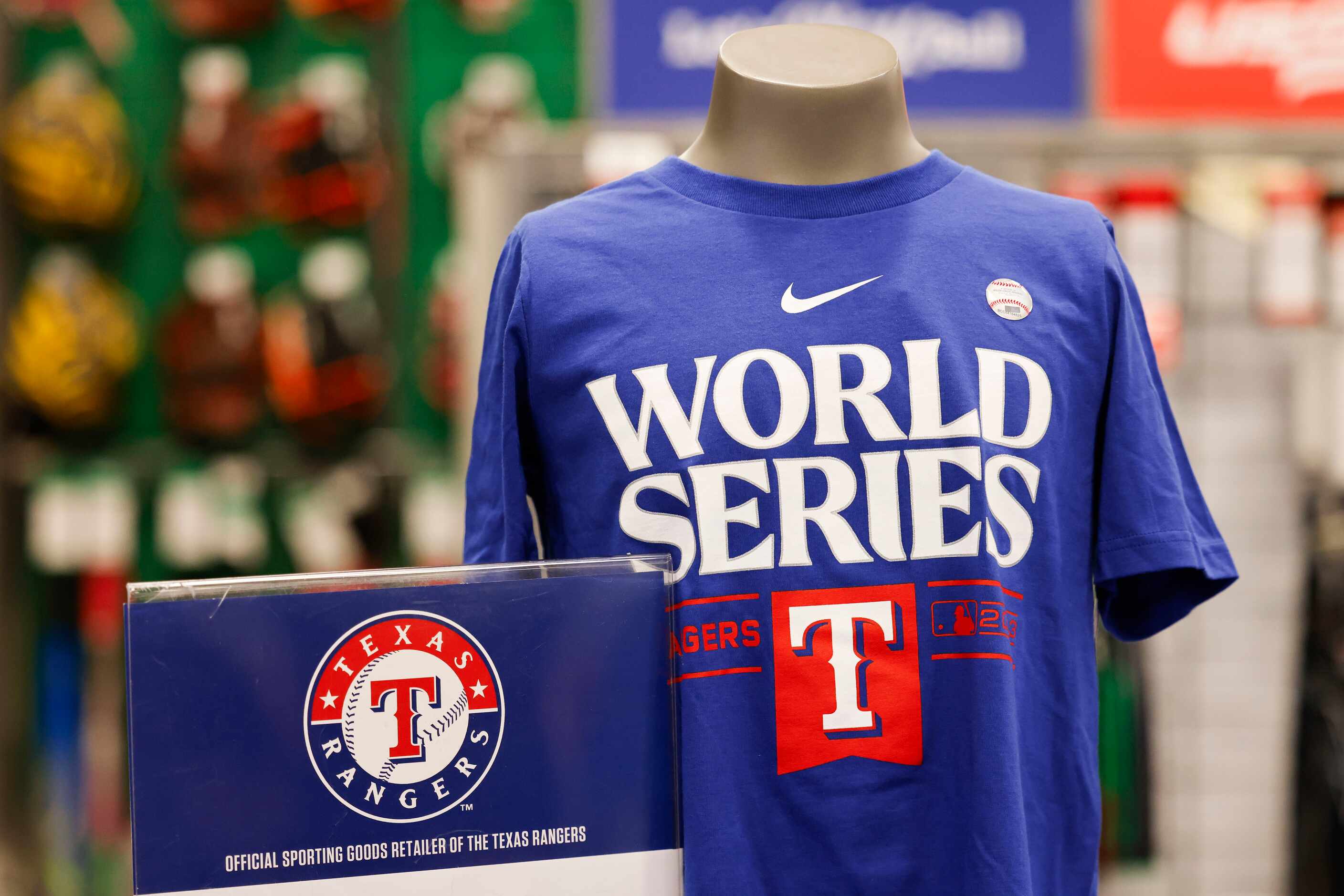 Texas Rangers World Series theme shirt at Academy Sports + Outdoors on, Tuesday, Oct. 24,...