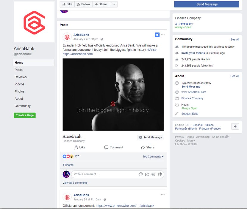 AriseBank's Facebook page