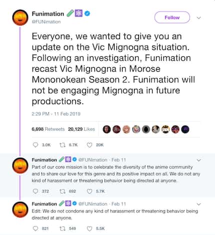 Funimation's tweets after its investigation and termination of Vic Mignogna.