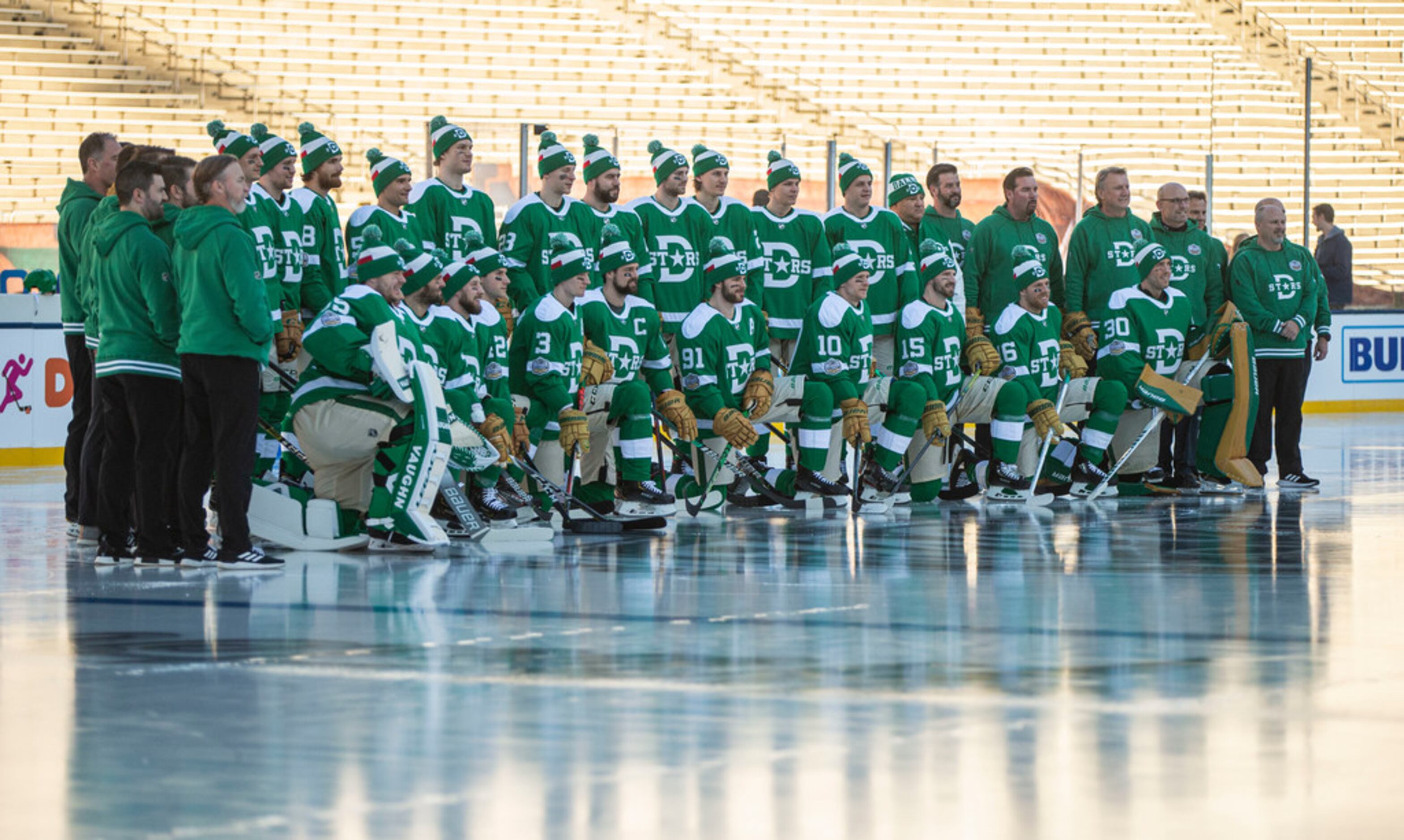 Dallas Stars players, coaches and personal pose for a group photo before practice leading up...