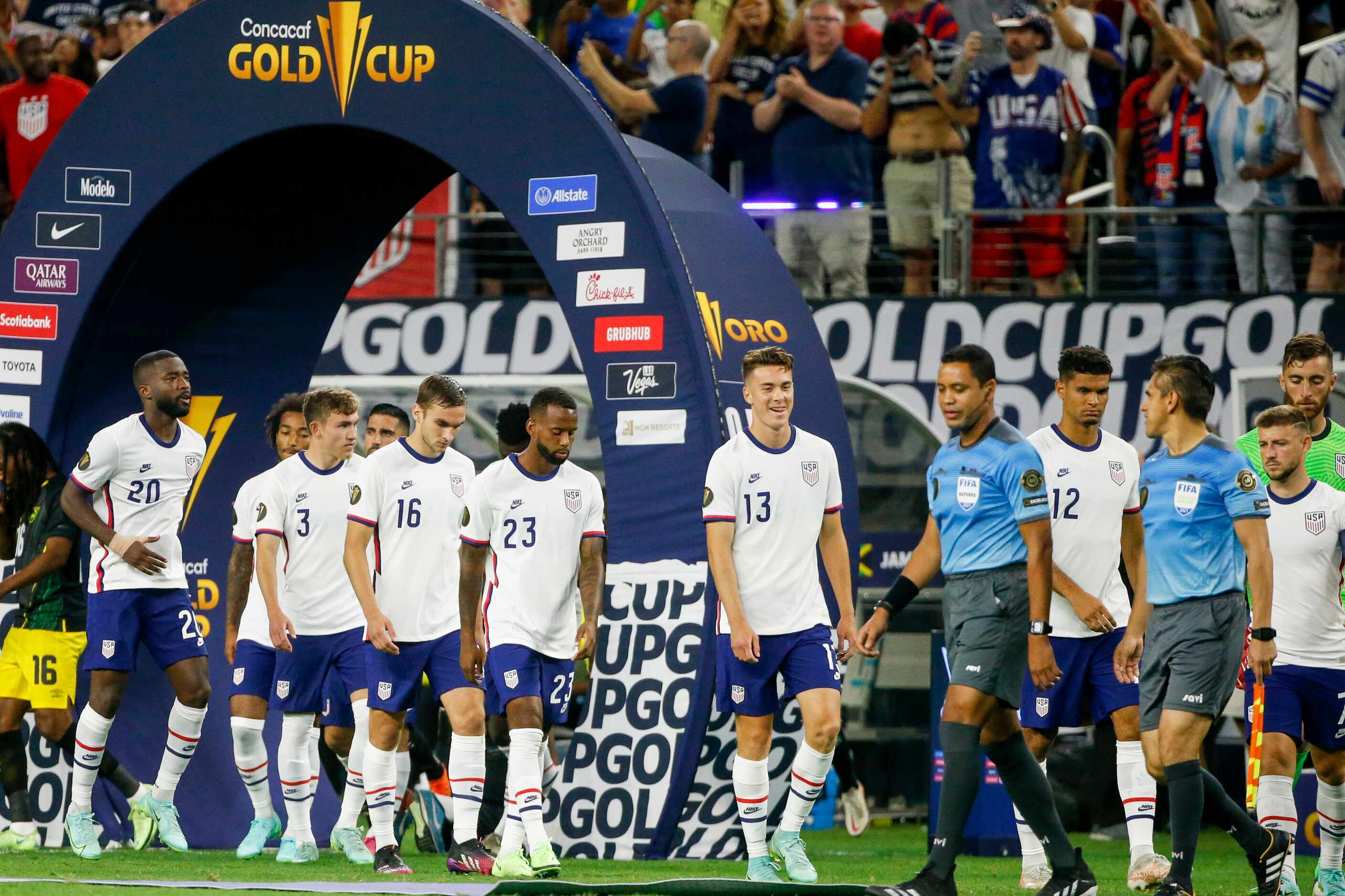 The USA men’s national team enters the field before a CONCACAF Gold Cup quarterfinal soccer...