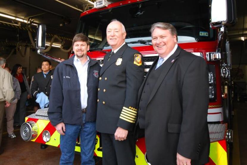 
Former Wylie Mayor pro tem Rick White (from left), Corbin and Mayor Eric Hogue talk at a...