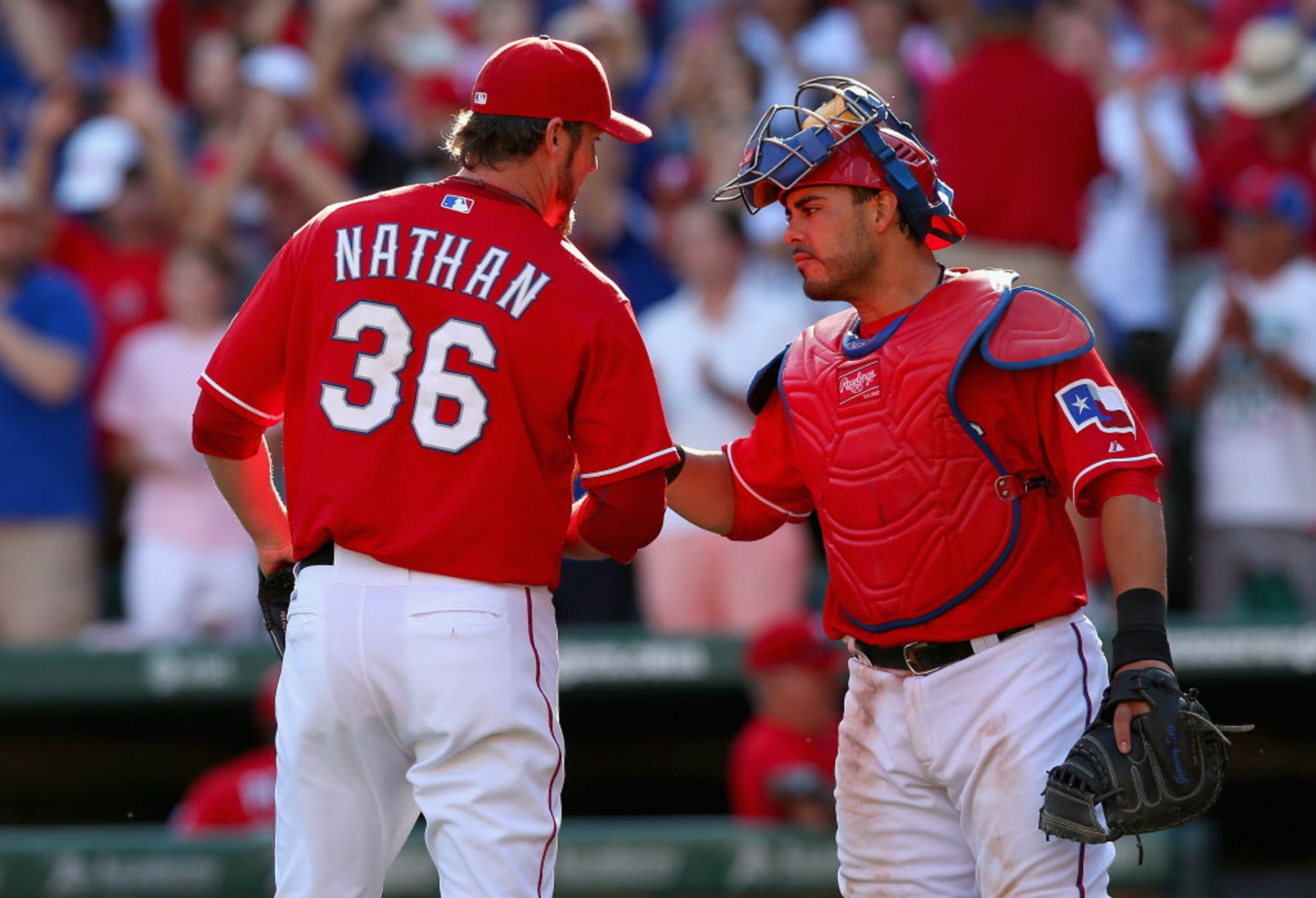 Joe Nathan and A. J. Pierzynski with the 2013 Rangers -- from