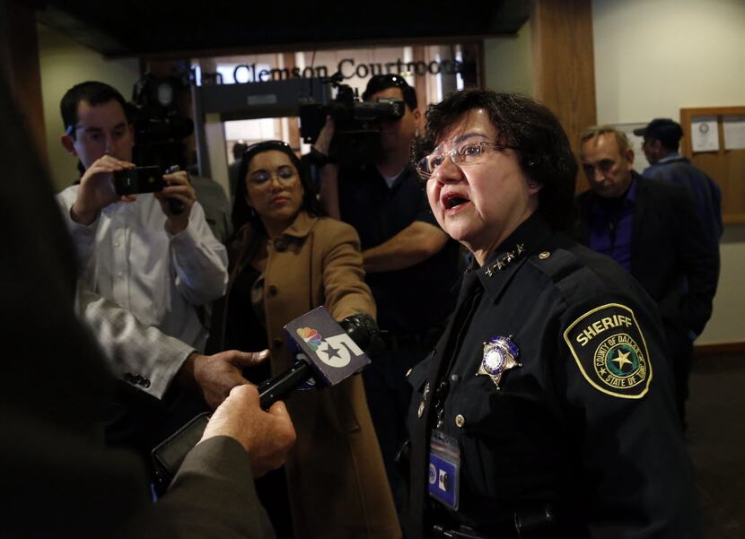 Democratic Sheriff Lupe Valdez celebrated with Phyllis Lister Brown, who was leading the...