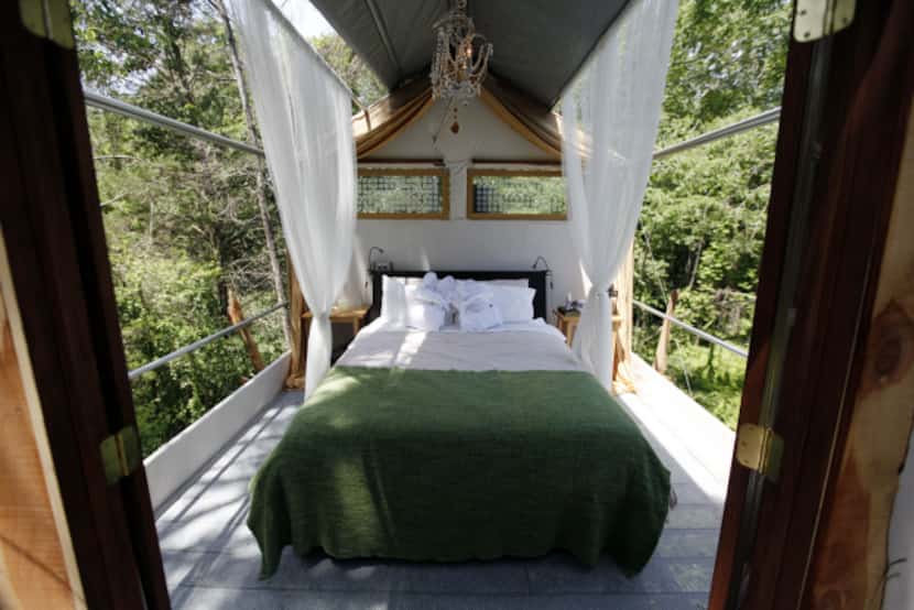 The bedroom of the Majestic Oak Treehouse at Savannah Meadows, an eco-tourism lavender farm...
