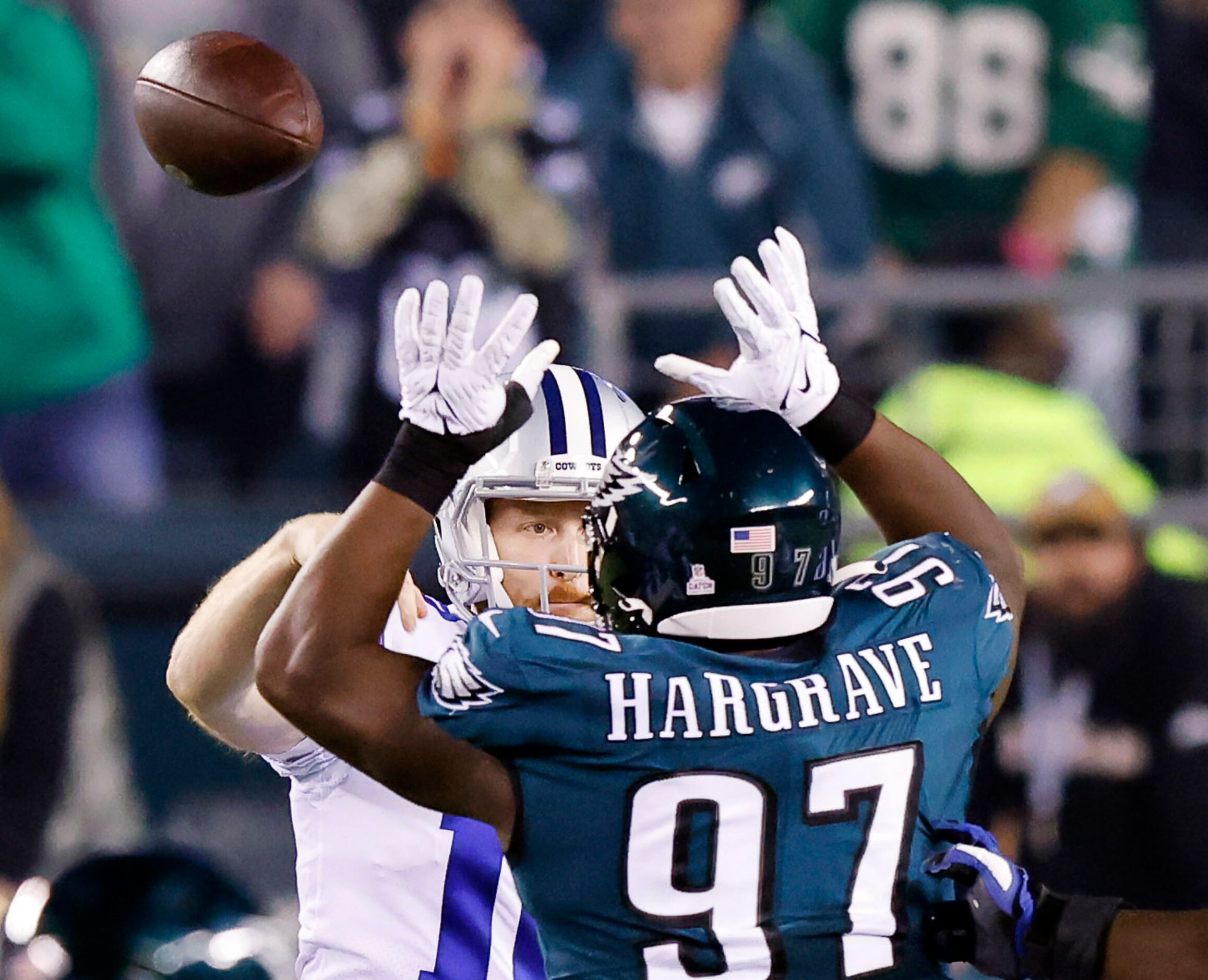 Dallas Cowboys quarterback Cooper Rush (10) throws a pass over Philadelphia Eagles defensive...