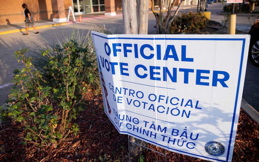 An “official vote center” sign outside of Disciple Central Community Church on Super...