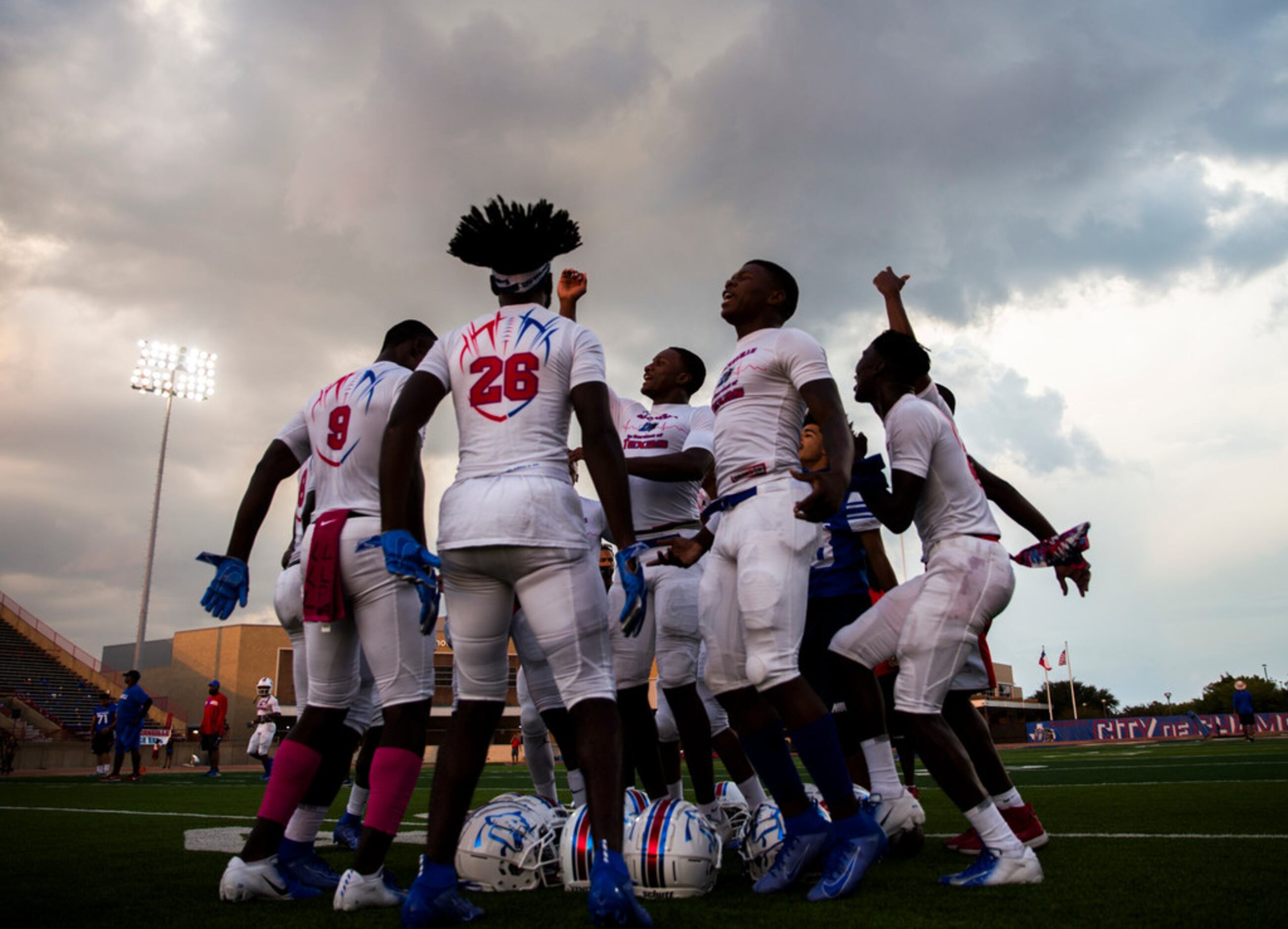 Duncanville football players get hyped up before a high school football game between Skyline...