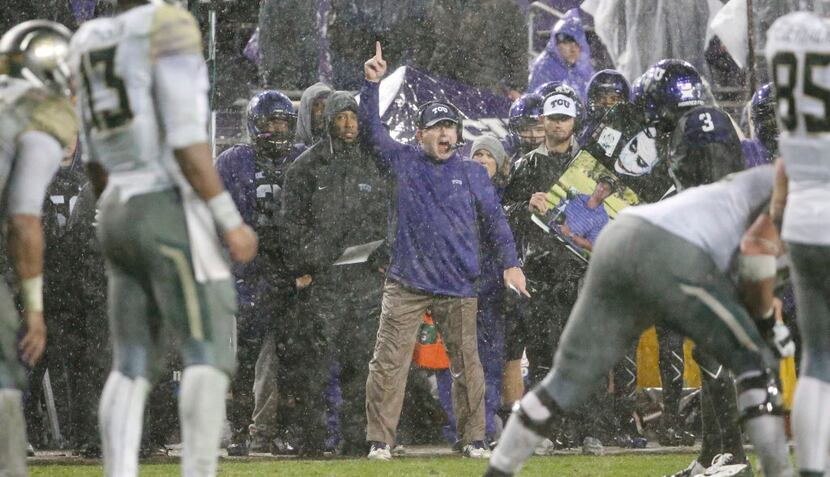 TCU head coach Gary Patterson is pictured on the sidelines during the Baylor University...
