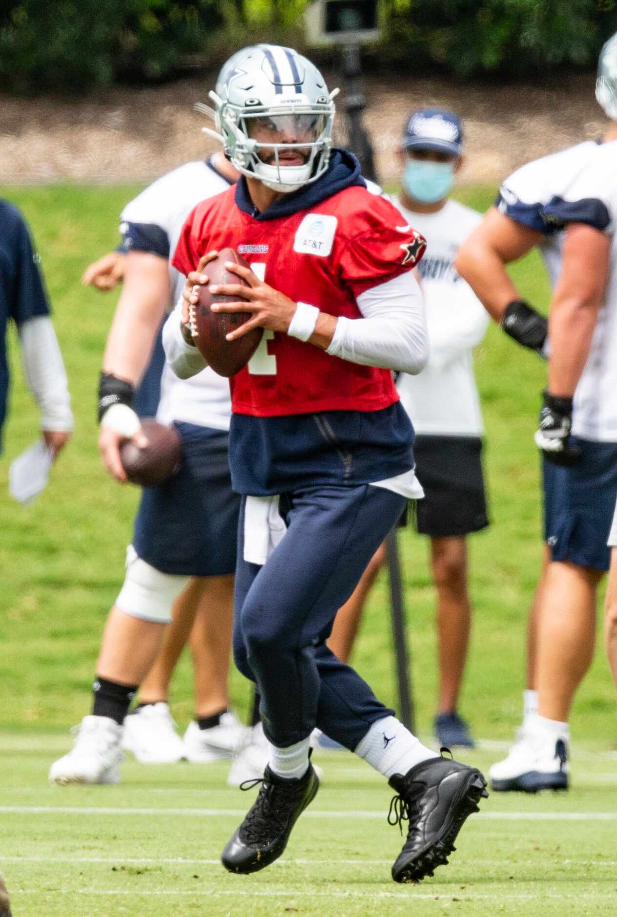 Dallas Cowboys quarterback Dak Prescott (4) participates in a drill during practice at The...