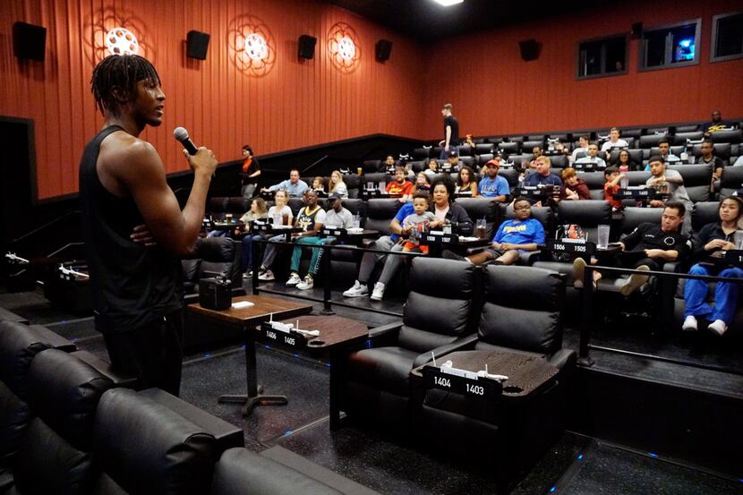 Indiana Pacers Center Myles Turner speaks to an audience before a sneak preview of the new...