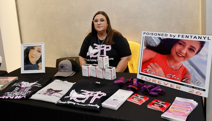 Misty Little, whose daughter Cheyenne Little died from fentanyl poisoning, sits by...