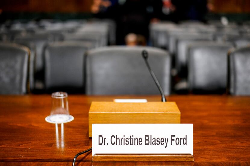 The desk where Christine Blasey Ford will sit in the Senate Judiciary Committee hearing room...