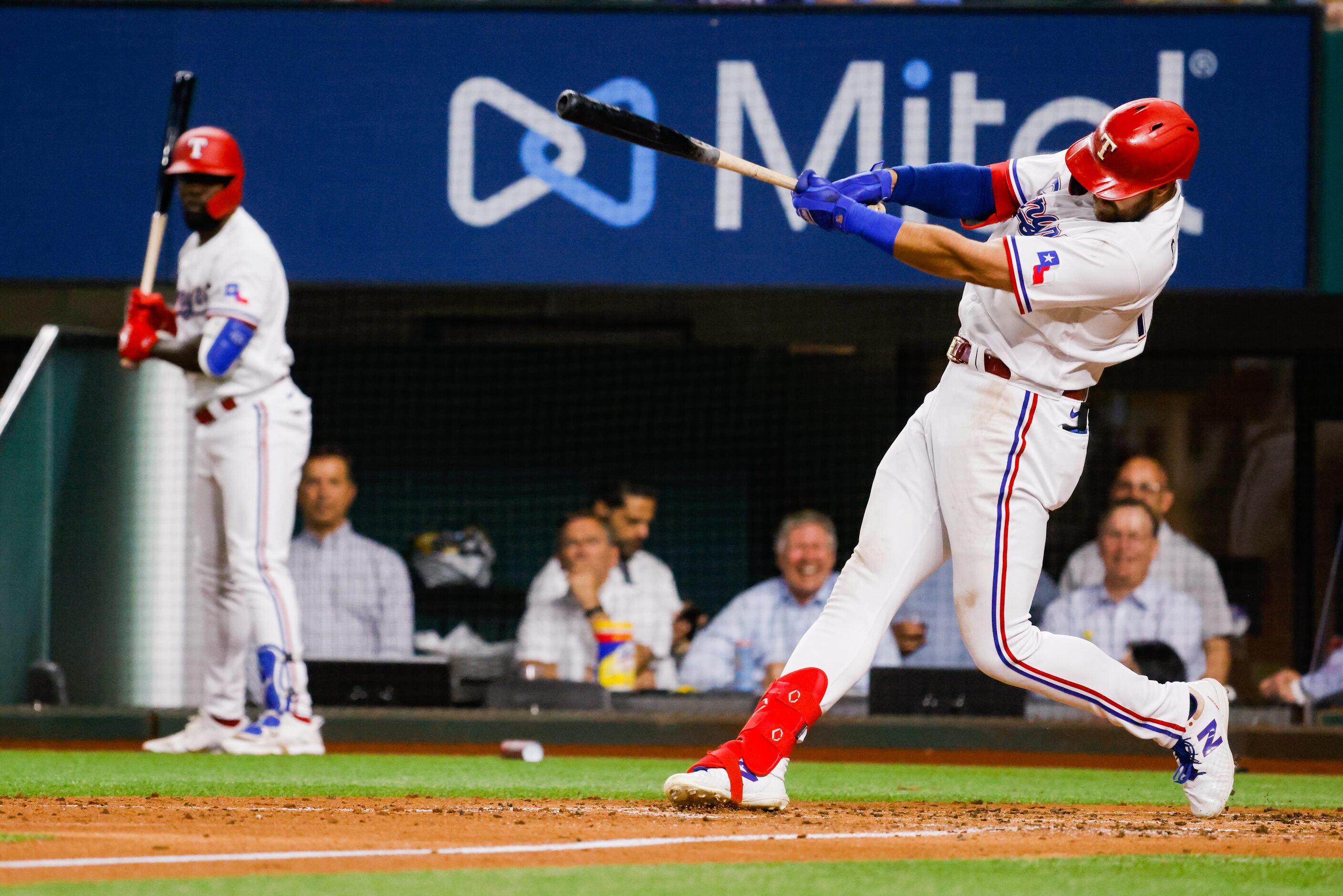 Texas Rangers center fielder Joey Gallo (13) hits a homer on a line drive to right field...