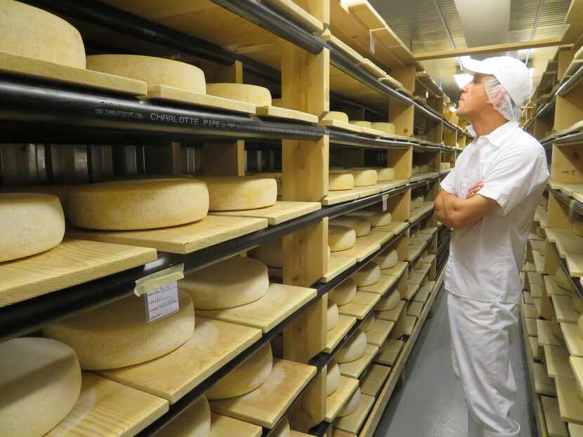 Aaron Langdon, head cheesemaker at Nicasio Valley Cheese Co., checks the aging progress of...