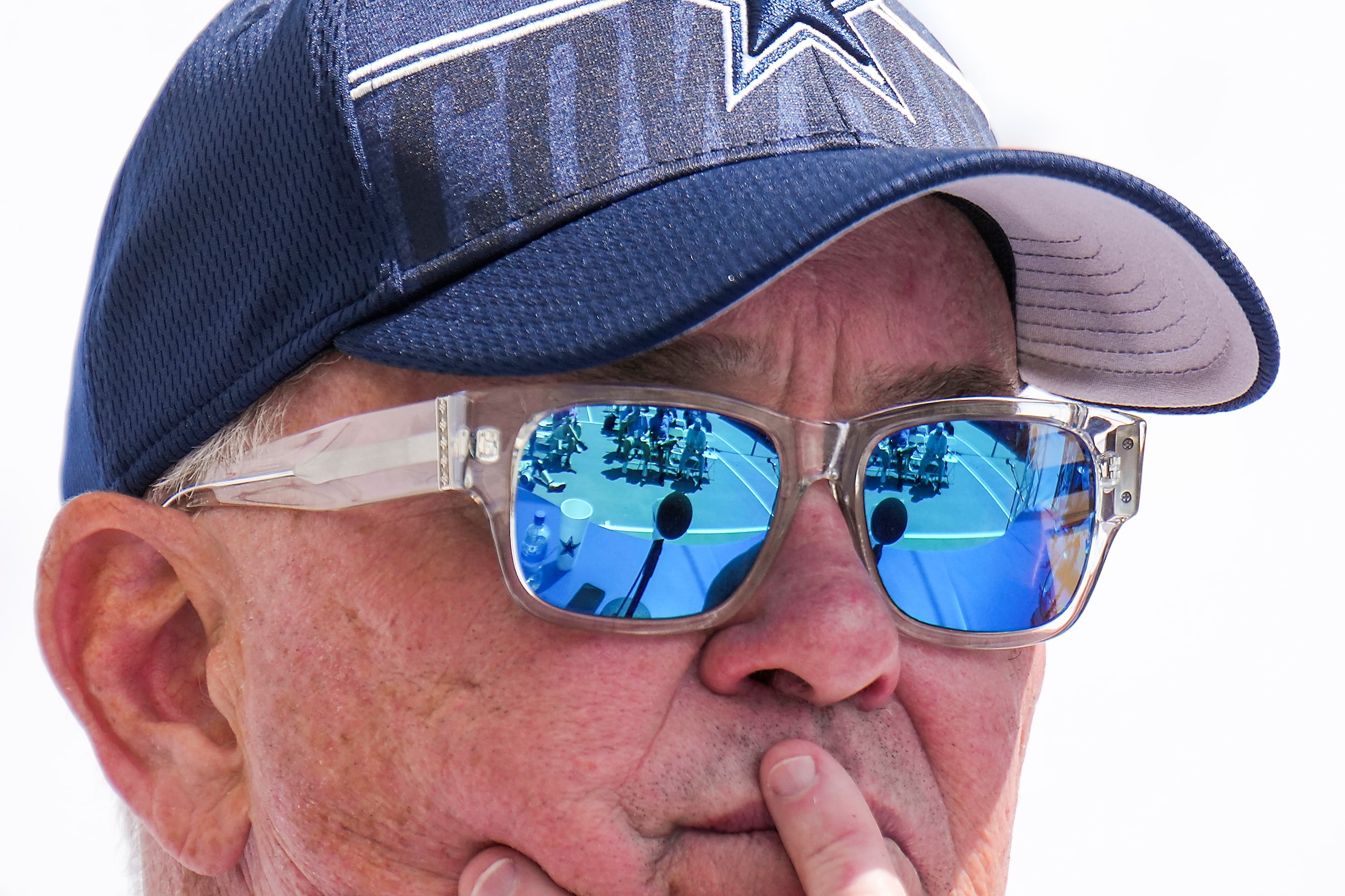 Dallas Cowboys executive vice president Stephen Jones  listens to questions from reporters...