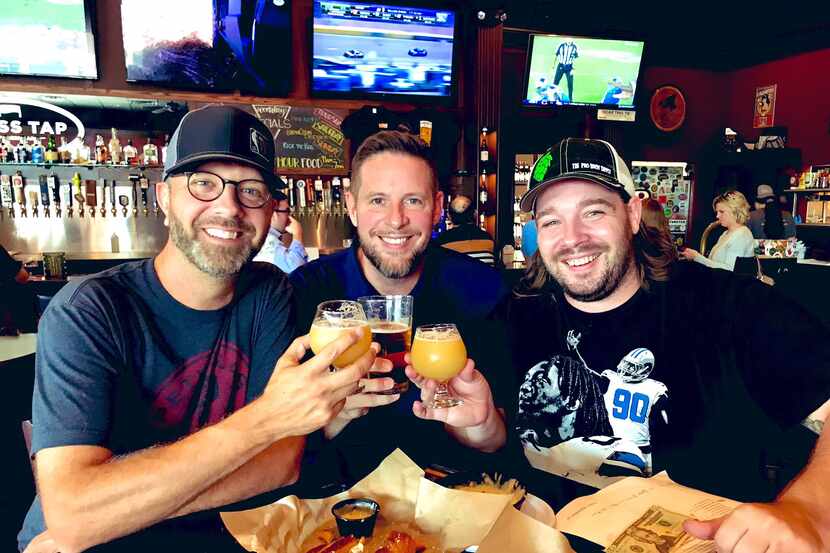 Radio hosts Jeff "Skin" Wade (left) and Ben Rogers (center) brought on brewer Tommy Miller...