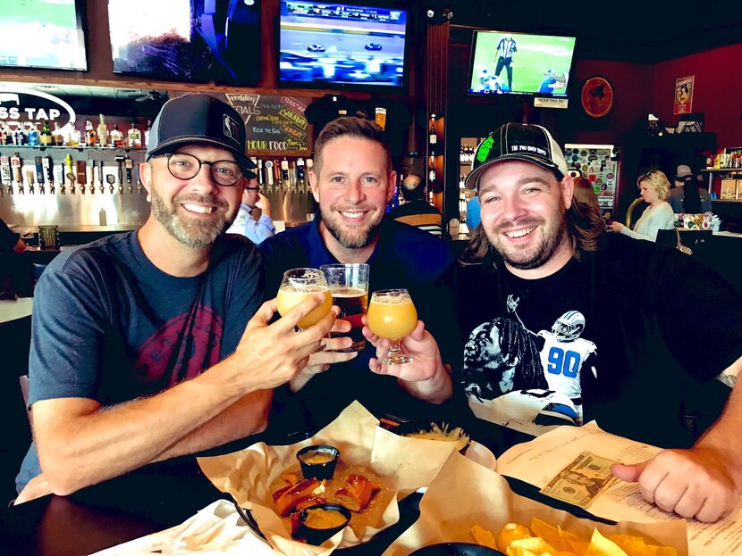 Radio hosts Jeff "Skin" Wade (left) and Ben Rogers (center) brought on brewer Tommy Miller...