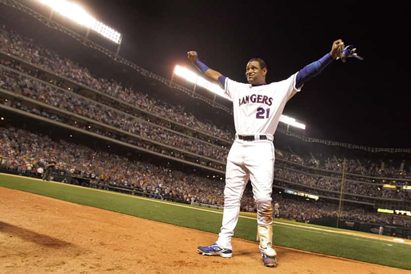  June 20, 2007 -- Texas Rangers designated hitter Sammy Sosa celebrates his fifth inning...