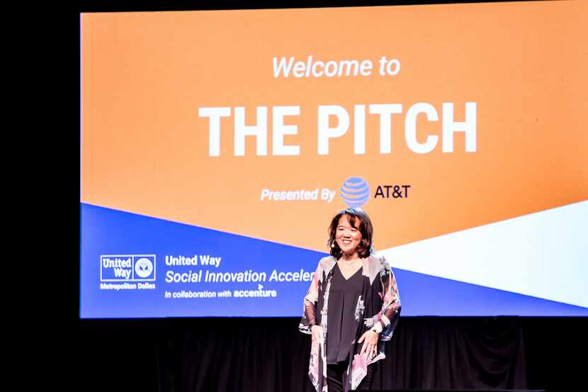 Anne Chow at The Pitch with a presentation screen in the background that reads "Welcome to...