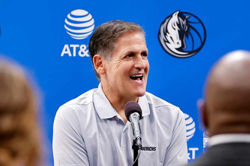 Dallas Mavericks owner Mark Cuban responds to questions from the media after formally...