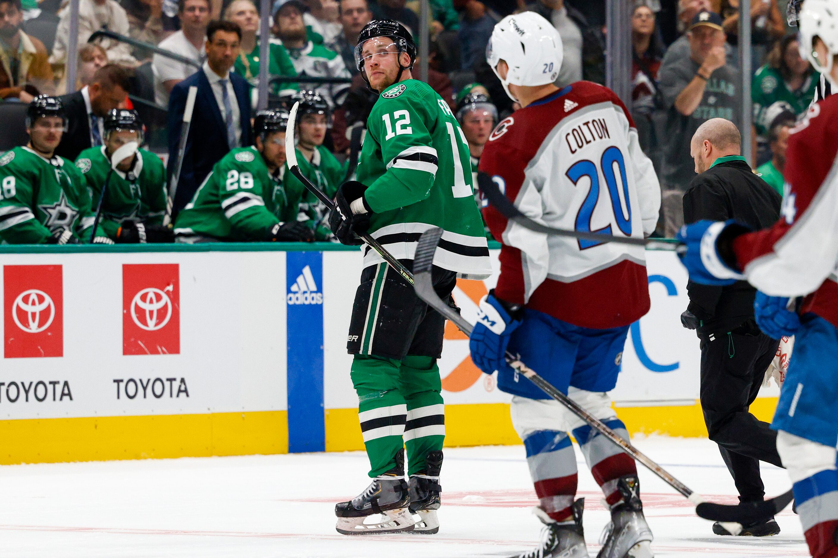 Dallas Stars center Radek Faksa (12) skates off the ice after being hit into the boards...