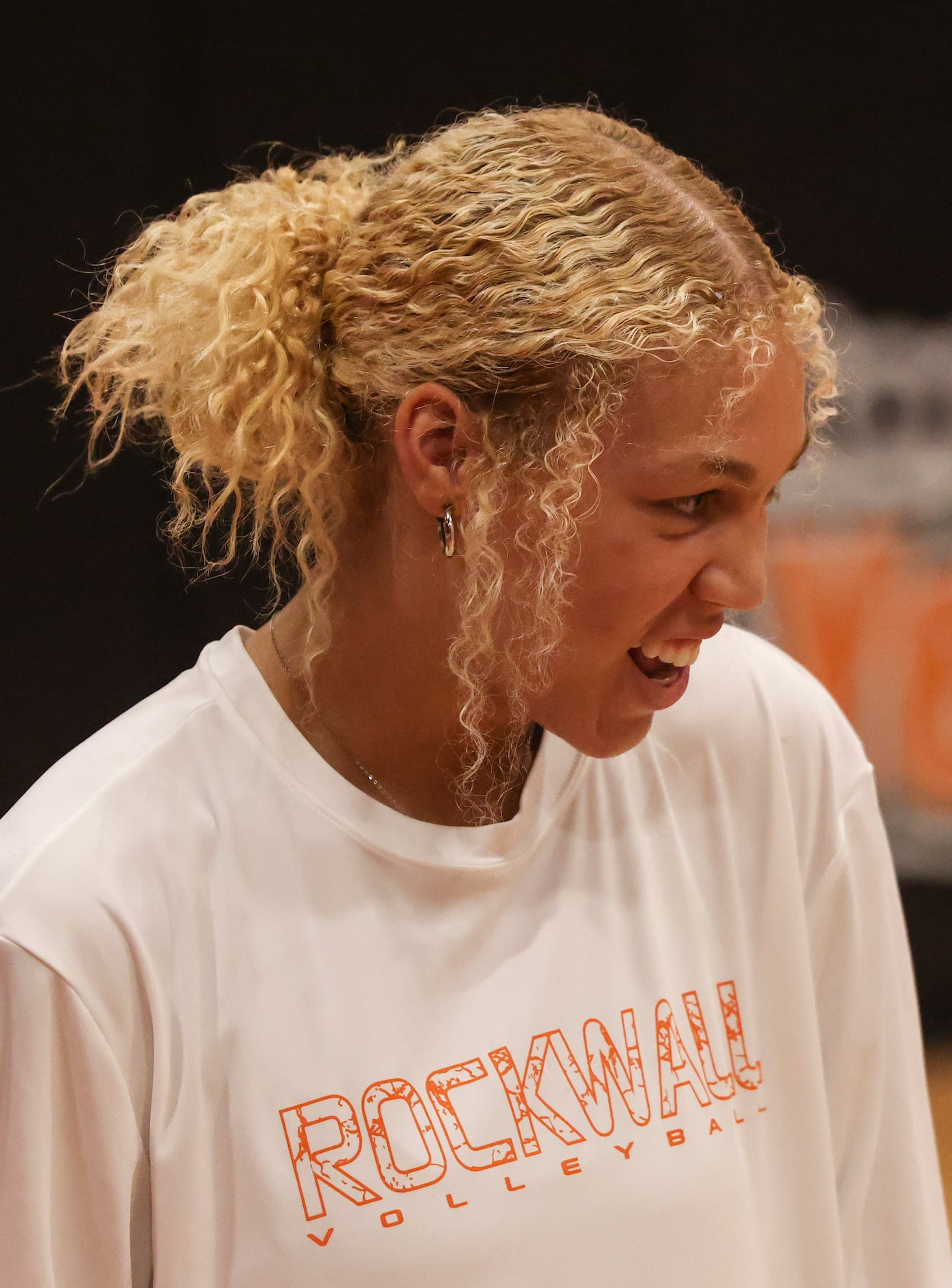 Rockwall High School’s  Becky Kelley talks with a teammate during a break in the volleyball...