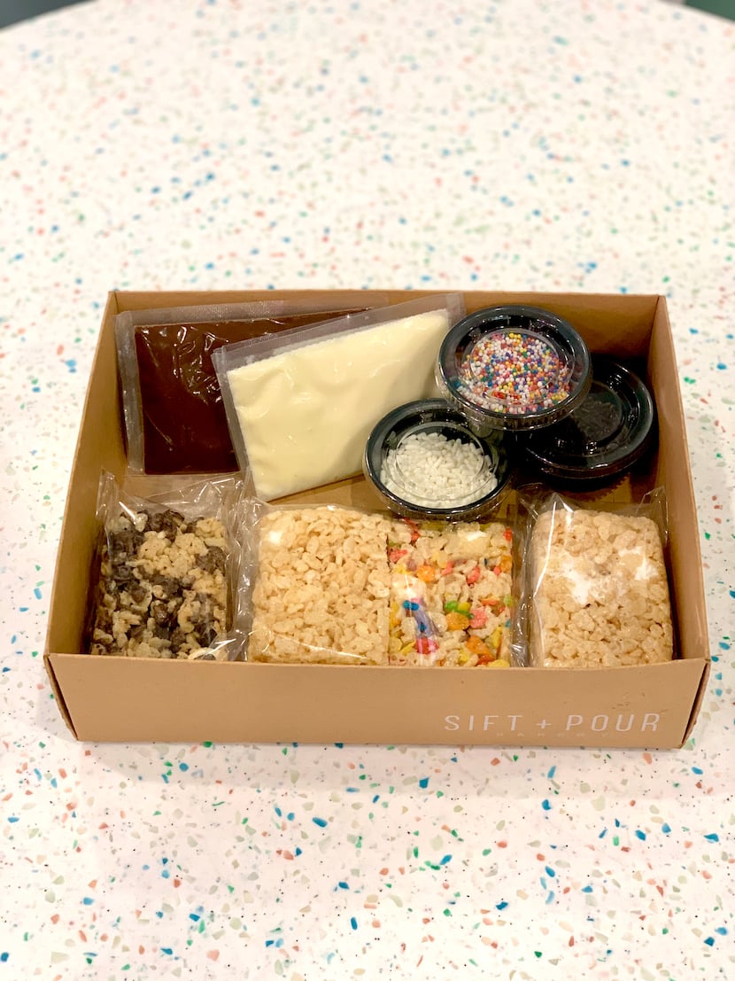 Sift + Pour's survival kit is gluten-free-friendly with four Rice Krispies Treats, chocolate...