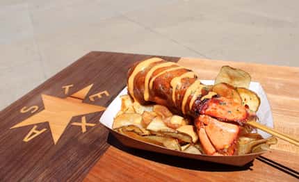 The lobster corn dog, available during NBA Finals games at the American Airlines Center in...