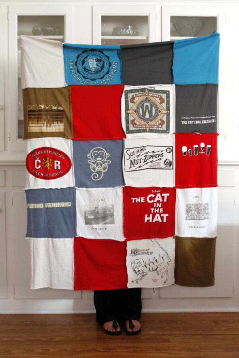 A throw blanket made from old T-shirts took two hours to put together. She used an album...