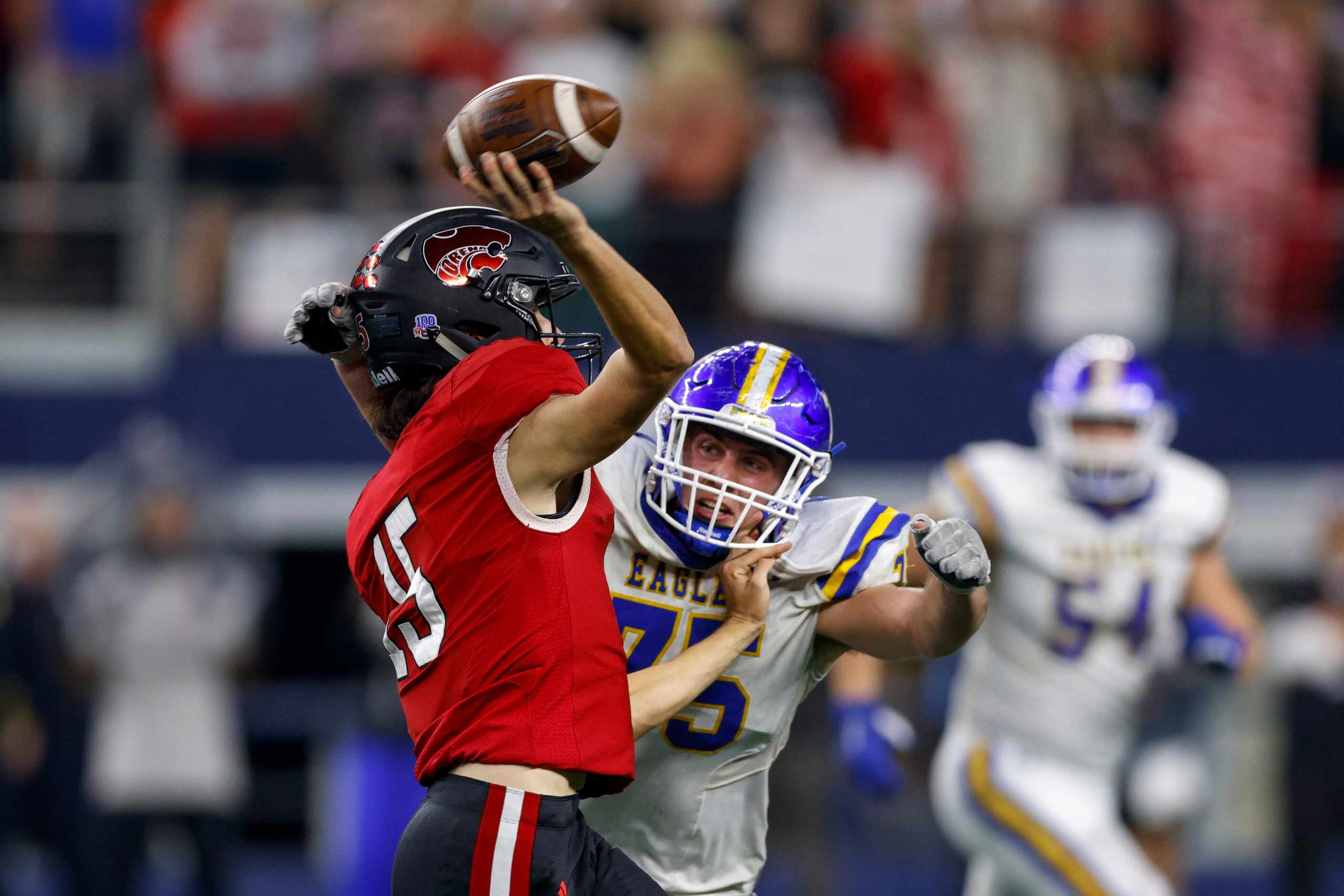 Brock defensive lineman Kadyn Mathews (75) hits Lorena quarterback Ryne Abel (15) as he...